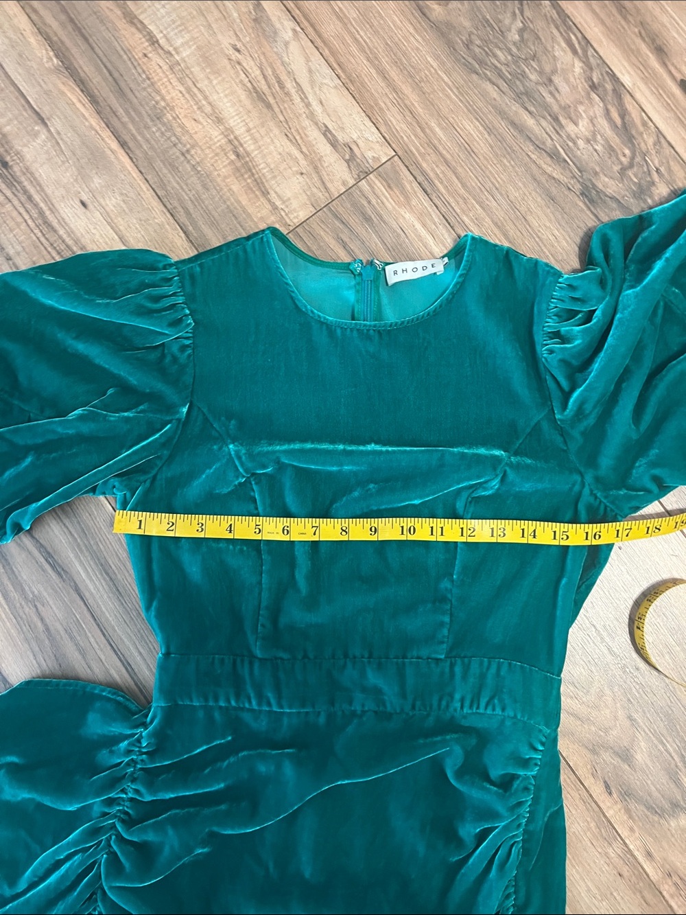 Rhode Pia Ruched Ruffled Velvet Mini Dress In Emerald Size 4 - Picture 8 of 10